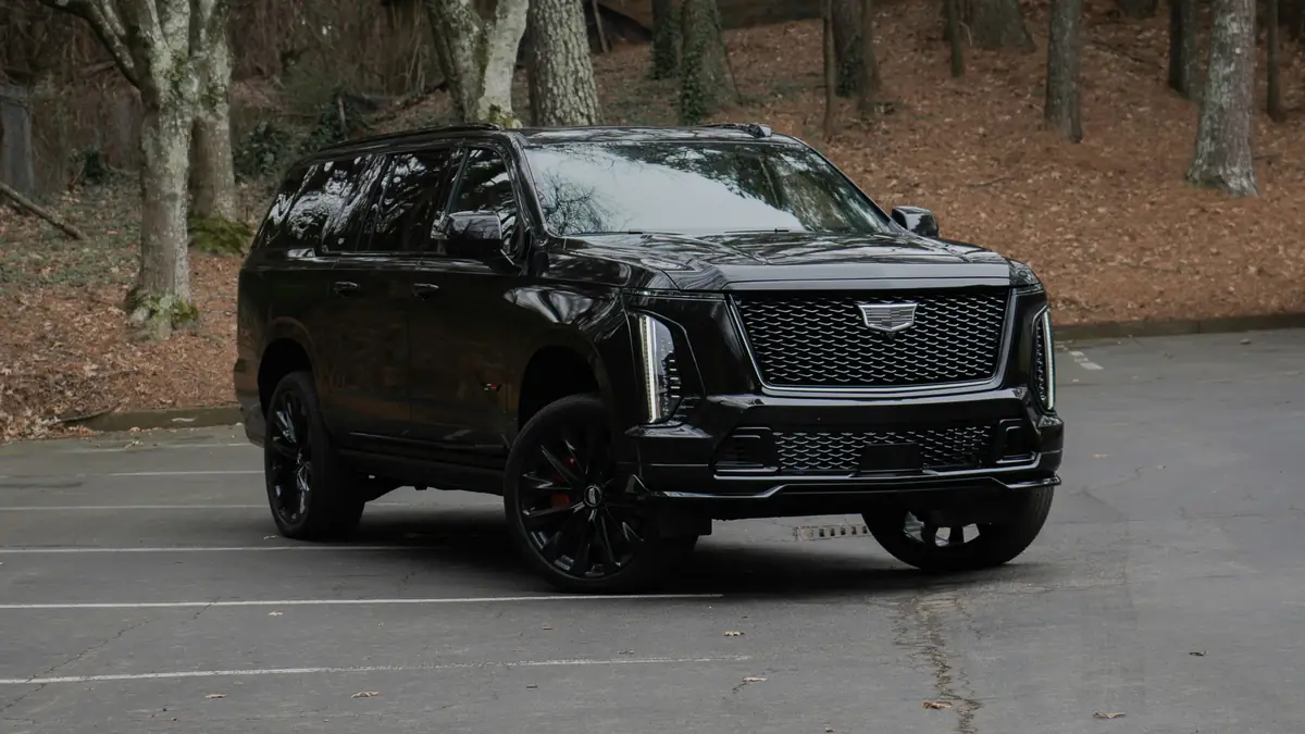 Black executive XL SUV parked among trees