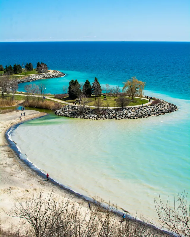 Park point and sandy beach on the Lake Ontario shoreline in Scarborough